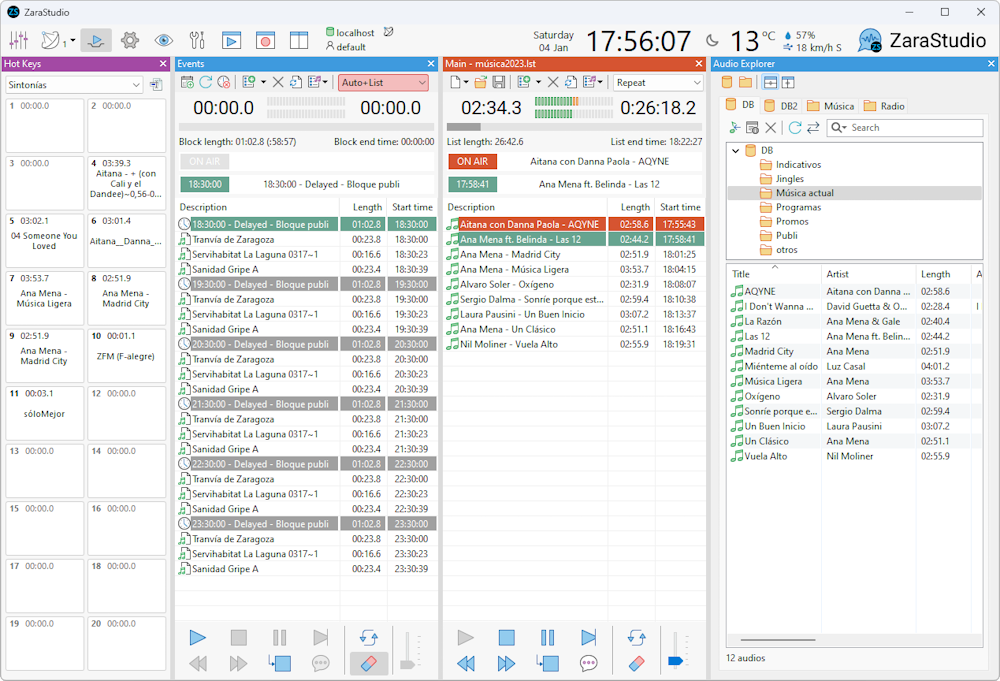 Pantalla principal de ZaraStudio 4 con eventos, lista principal, botonera y explorador de audio
